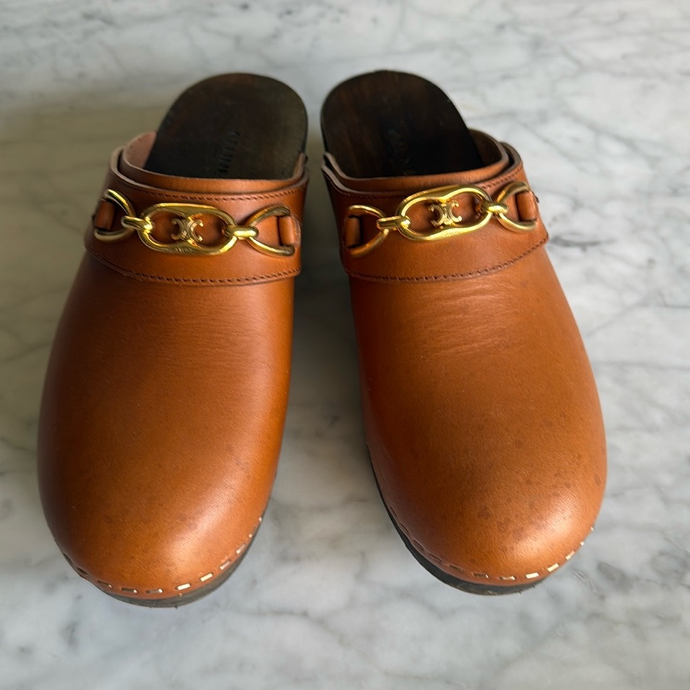 Celine Les Bois Tan Leather & Wood Clogs size 38